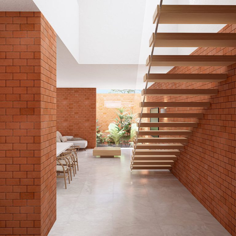 Render interior, escalera, sala, muros de ladrillo