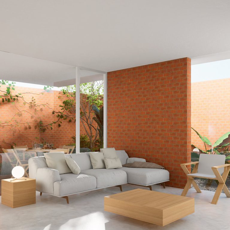Render interior, sala moderna, muros de ladrillo rojo