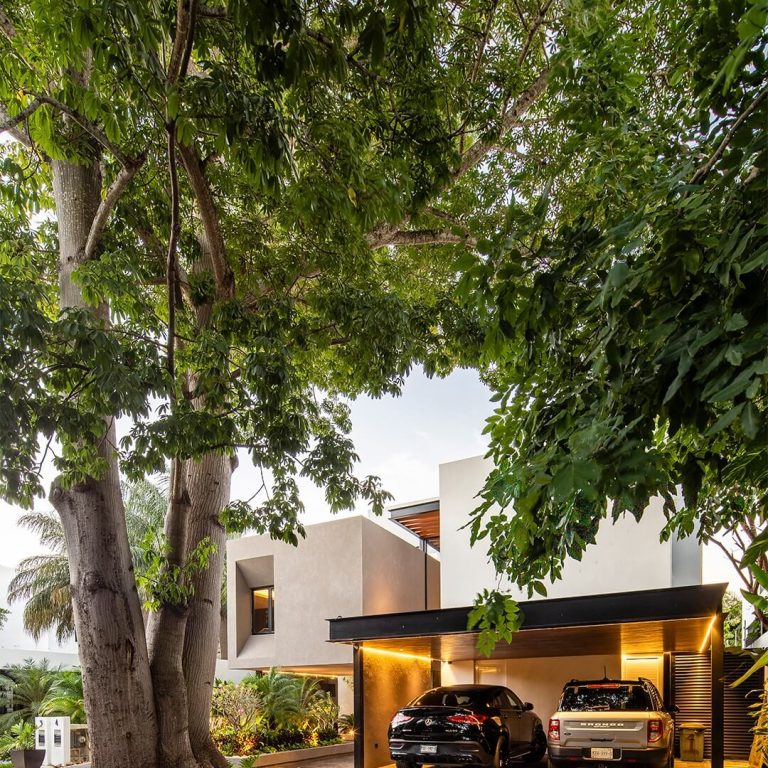 Casa Yaaxché en Yucatán, fachada de casa moderna con arbol en la fachada