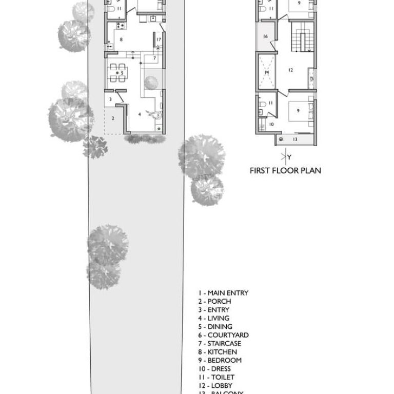 Casa estrecha de ladrillo en India por Srijit Srinivas - ARCHITECTS - Plano arquitectonico