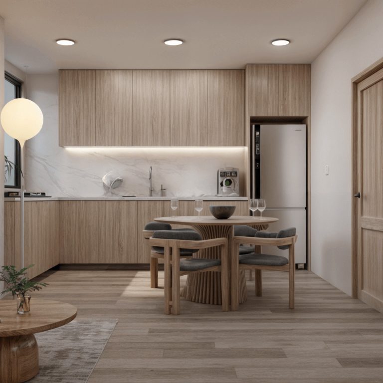 Departamentos del Barro, Render, sala, cocina, sala moderna