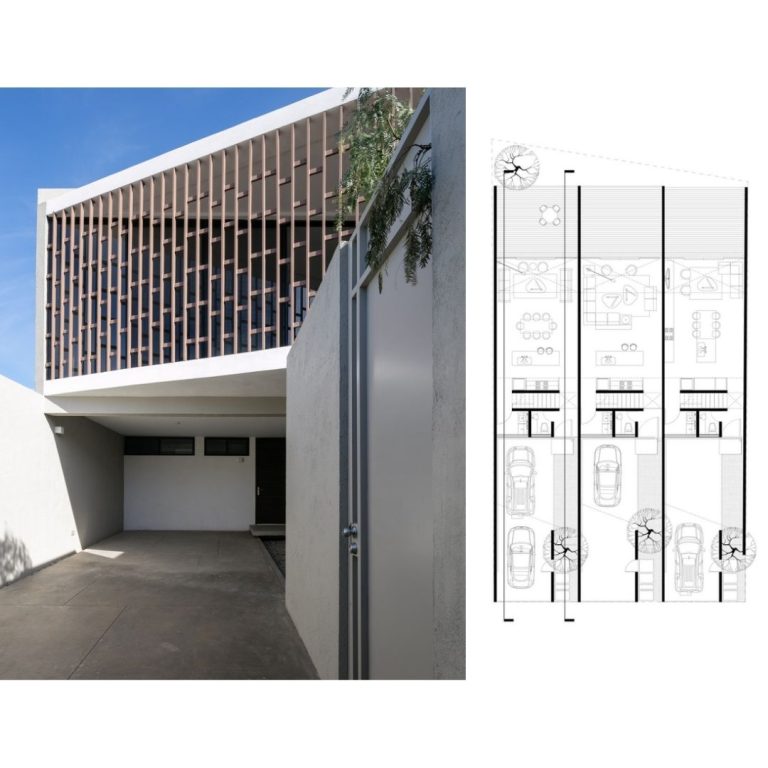 Planos de Viviendas Trio en Baja California: Plantas y Fachadas