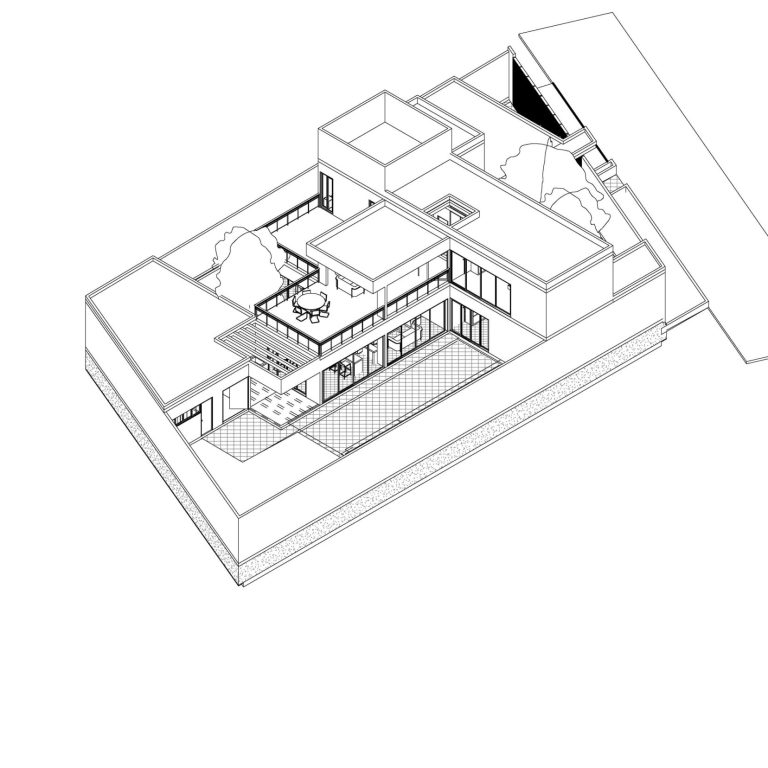 Axo arquitectonico de Render fachada, Residencia EF en Campeche