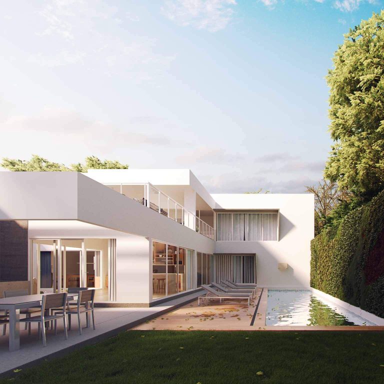 Render patio jardín con piscina y terraza, Residencia EF en Campeche