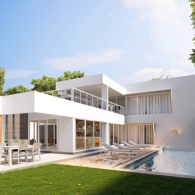 Render patio jardín con piscina y terraza, Residencia EF en Campeche