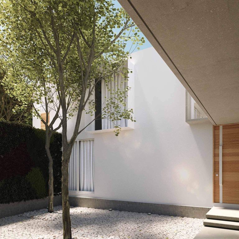 Renders patio jardin de acceso, Residencia EF en Campeche