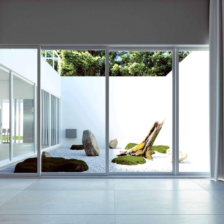 Render patio jardin, ventanales corredizos, Residencia EF en Campeche