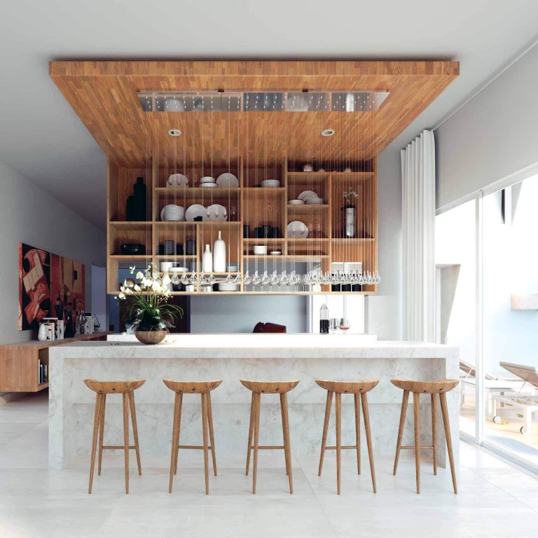 Render cocina moderna con isla, Residencia EF en Campeche