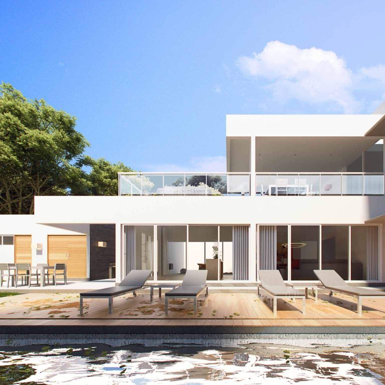 Render patio, jardín, piscina con camastros