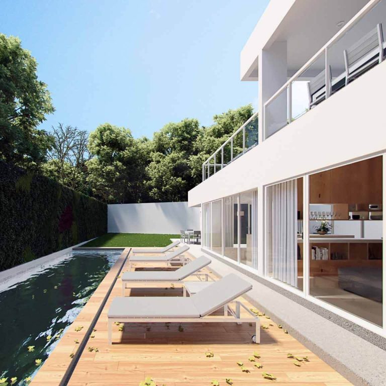 Render patio, jardín, piscina con camastros