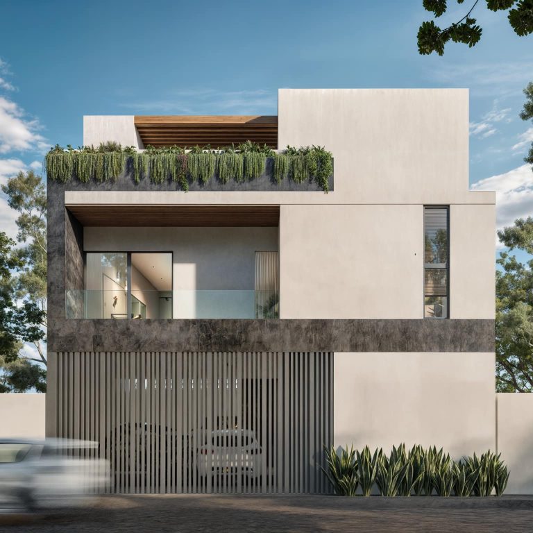 Fachada render Town house Montebbello en Yucatán