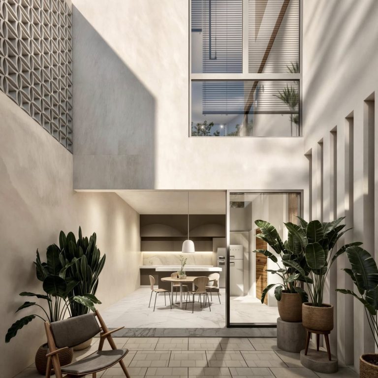 Render, patio, fachada posterior, Town house Montebbello en Yucatán