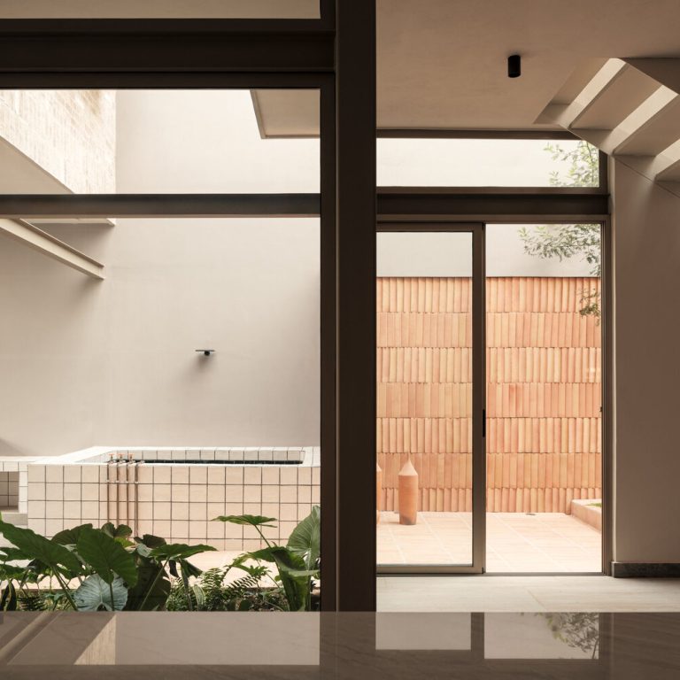 Patio interior con vegetación y estructura metálica en Casa RV