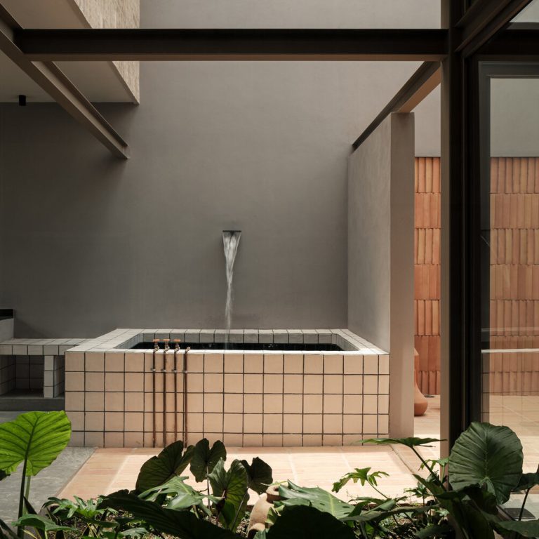Patio interior con estanque revestido y vegetación en Casa RV