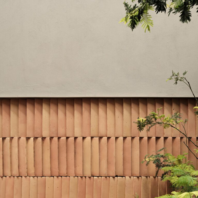 Detalle de muro de ladrillo y vegetación en Casa RV